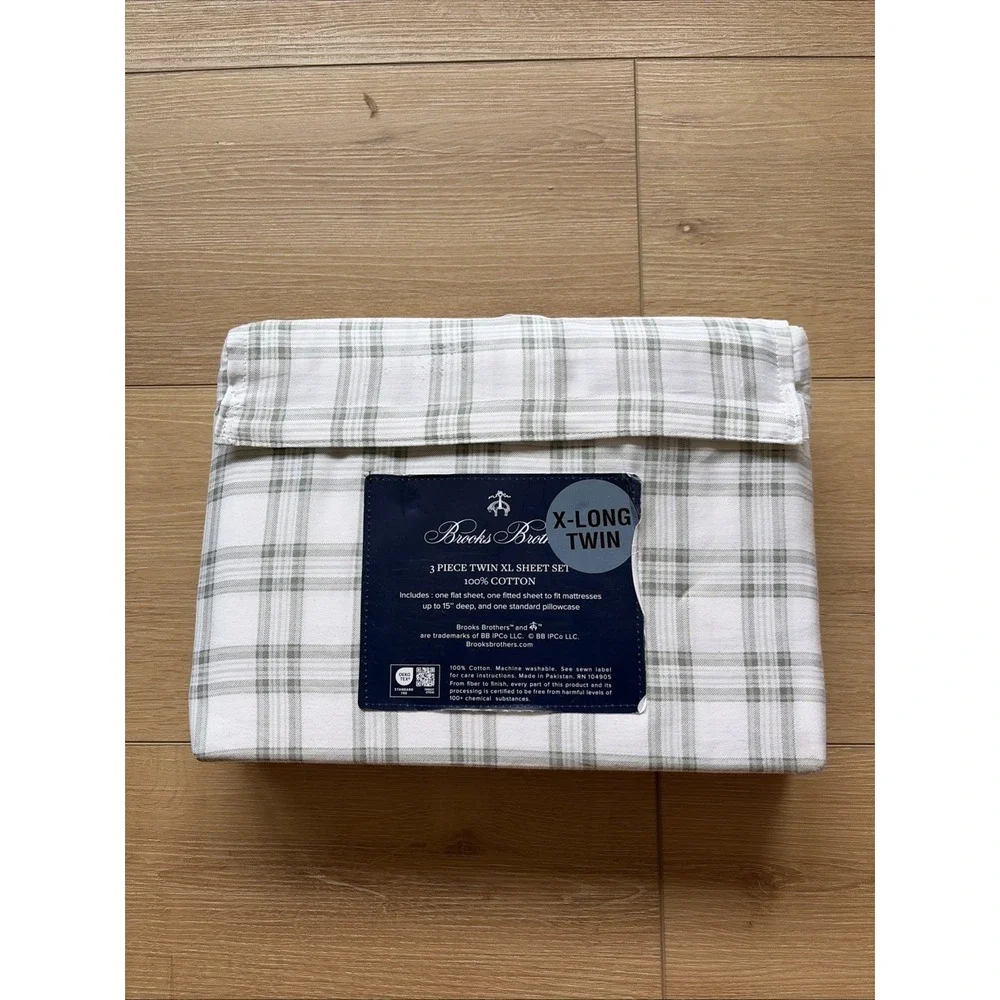 Brooks Brothers Twin XL Sheet Set 100% Cotton Sage Green Plaid 15